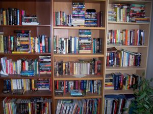 Three of #2's bookcases, creatively organized